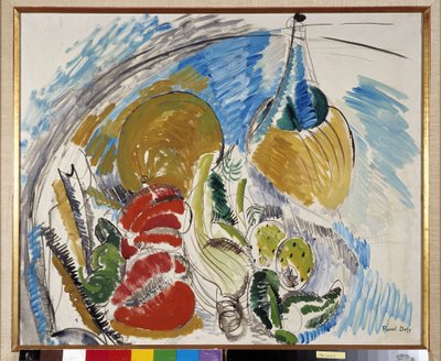 Csendélet gyümölcsökkel, zöldségekkel és egy üveg borral egy asztalon alkotó: Raoul Dufy