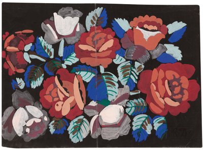 Piros és rózsaszín rózsák (gouache fekete alapozott papírra) alkotó: Raoul Dufy