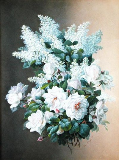 Orgonák és rózsák, 1900 körül (gouache papíron) alkotó: Raoul M. de Longpre