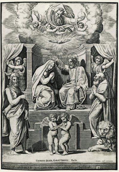 Szűz koronázása Keresztelő Szent János és Szent Jeromos jelenlétében alkotó: Raphael (1483-1520) (after)