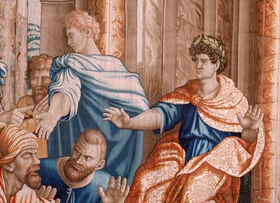 Flamand kárpit. Az Apostolok cselekedetei sorozat. Elymas vakot ütött (La ceguera de Elymas). A sorozat hetedik kárpitja. Rafael Sanzio rajzfilmmodellje. 1519. Gyártás Jan Raes II, Brüsszel. 1605-1629 körül. Szövet Selyem és gyapjú. Mérete 534 x 783 cm. Lo alkotó: Raphael