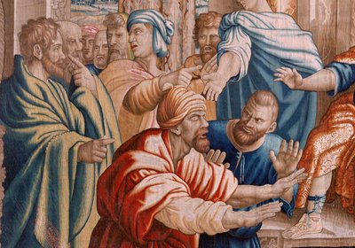 Flamand kárpit. Az Apostolok cselekedetei sorozat. Elymas vakot ütött (La ceguera de Elymas). A sorozat hetedik kárpitja. Rafael Sanzio rajzfilmmodellje. 1519. Gyártás Jan Raes II, Brüsszel. Körülbelül 1605-1629. Szövet Selyem és gyapjú. Mérete 534 x 783 c alkotó: Raphael