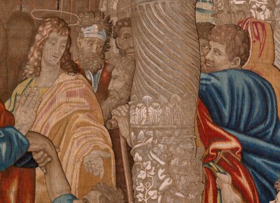 Flamand kárpit. Az Apostolok cselekedetei sorozat. A sánta ember csodája (El milagro del paralítico). Harmadik kárpit a sorozatban. Rafael Sanzio rajzfilmmodellje. 1519. Gyártás Jan Raes II, Brüsszel. Ca1605-1629. Szövet Selyem és gyapjú. Mérete 524x400 alkotó: Raphael