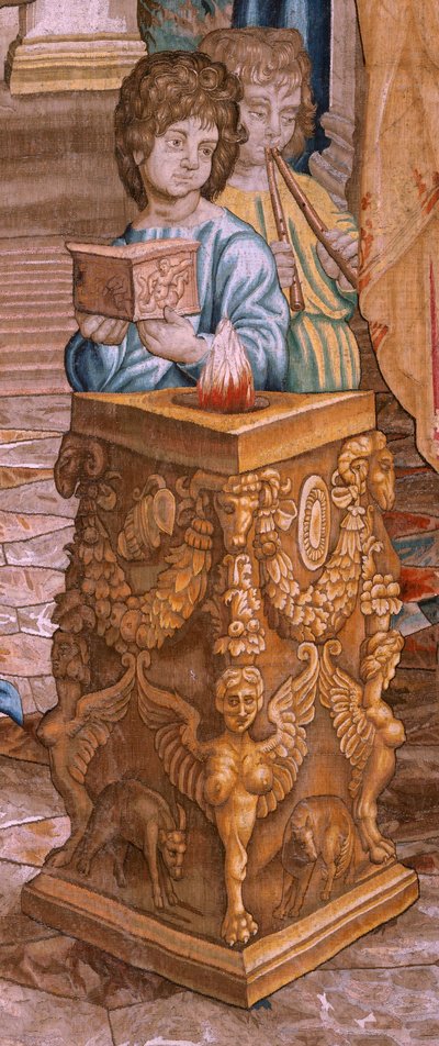 Flamand kárpit. Az Apostolok Cselekedetei sorozat. Szent Pál és Szent Barnabás Lystrában (San Pablo y San Bernabé en Lystra). 8. kendő a sorozatban, ketté lett osztva, hogy a szobához igazítsák. Rafael Sanzio rajzfilmmodellje. 1519. Gyártás Jan Raes alkotó: Raphael