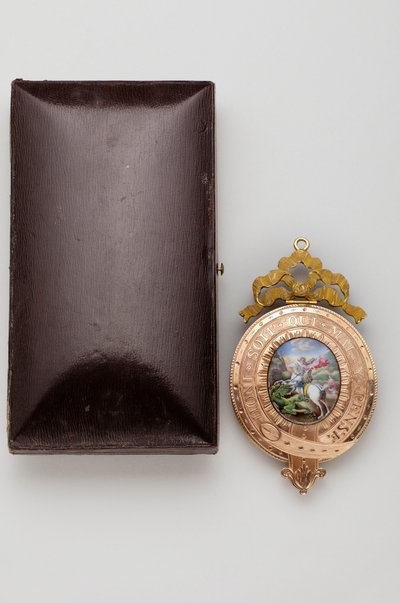 Hagyományőrző Rend - Kisebbik György - A medál hátlapja, zománc miniatűr zománccal a sárkánnyal harcoló Szent Györgyről (1800-1850) alkotó: after Raphael
