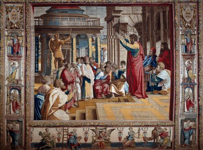 Szent Pál apostol prédikál az Athenes Gobelin aeropagejában Raffaello Sanzio dit Raphael (1483-1520) kartonra festése után, a 16. század eleje V. 4,95x6,45 m Mantua, hercegi palota (Mantua) alkotó: after Raphael