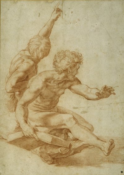 Akttanulmányok Szent Andrásnak és egy másik apostolnak a „The Transfiguration” című filmben, 1517 körül (piros kréta ceruzával, krémpapíron) alkotó: Raphael