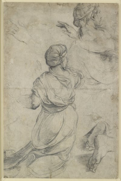 Recto: Tanulmányok két térdelő nő számára, WA1846.198 (fekete kréta) alkotó: Raphael