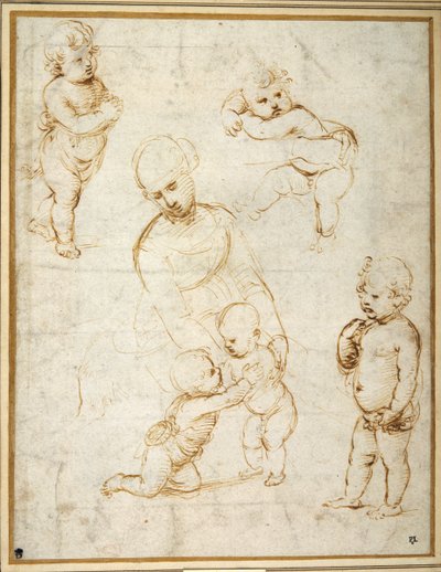 Tanulmányok a „réti Madonnához”, 1505 körül (toll és barna tinta papíron) alkotó: Raphael