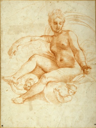 Felhőkön ülő Vénusz lefelé mutat (piros kréta fehér papíron) alkotó: Raphael