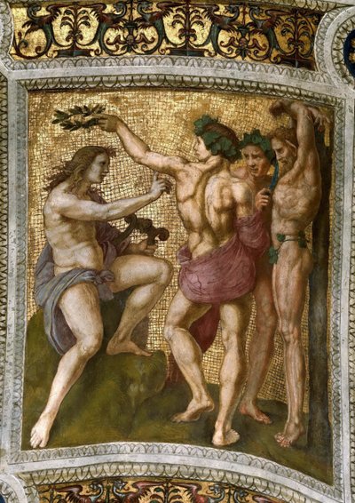 Marsyas és Apollo. Mennyezeti freskó a Stanza della Segnaturában, kb. 1510-1511. alkotó: Raphael