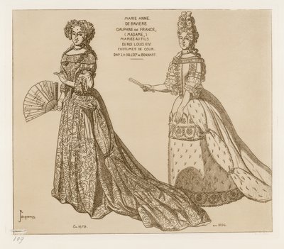 Udvari jelmezek. Marie Anne de Baviere, a francia Dauphine, feleségül vette XIV. Lajos király fiát. A Bonnart gyűjteményben található műalkotások után. alkotó: Raphael Jacquemin