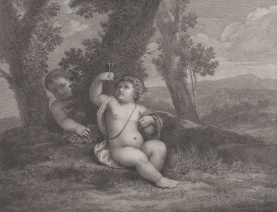 A csecsemő Bacchus egy fa alatt ül, feltart egy borospoharat, mögötte egy másik csecsemő..., 1780 alkotó: Raphael Morghen