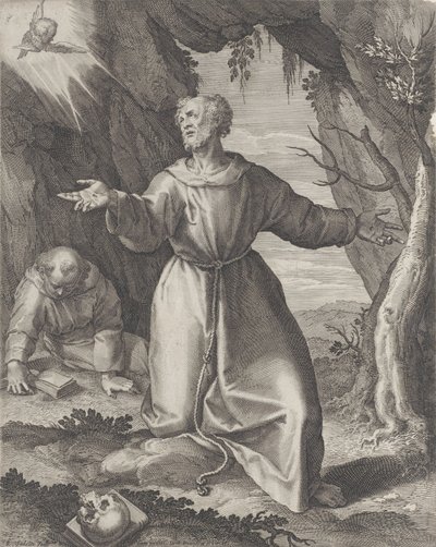 Szent Ferenc kitárt karral térdel, a bal felső sarokban egy kerub felé néz,..., 1599. alkotó: Raphael Sadeler