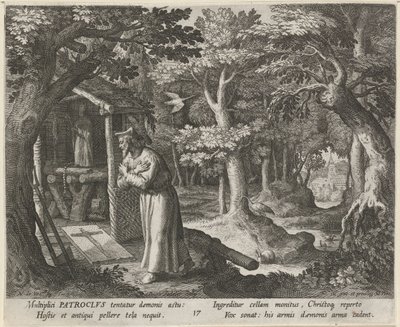 Nérisi Szent Patroklosz mint remete Remeték erényes élete (sorozat címe) Trophaeum vitae solitariae (sorozat címe) alkotó: Raphaël Sadeler (I)