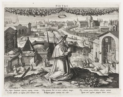Pietas, mint a jámborság megszemélyesítője Pietas (cím a tárgyon) Egy herceg fő tevékenységei (sorozat címe) Schema, seu speculum principum (sorozat címe) alkotó: Raphaël Sadeler (I)