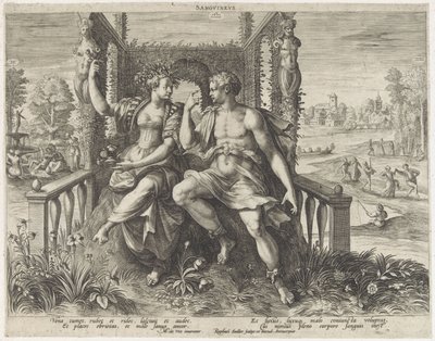 Szangvinikus temperamentum Sanguineus (cím a tárgyon) Vier temperamenten (sorozat címe) alkotó: Raphaël Sadeler (I)