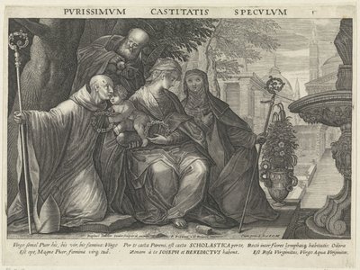 Szent Család Szent Benedekkel és Szent Scholastikával A tisztaság tükre Pvrissimvm Castitatis Specvlvm (cím az objektumon) Az engedelmesség, a tisztaság és a szegénység tükrei (sorozat címe) alkotó: Raphaël Sadeler (II)