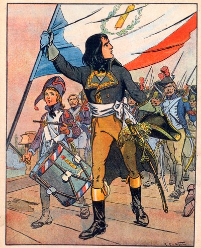 Első olaszországi hadjárat: A "Nos-Gloires-Nationales"-ból, 1920 körül (metszet): Bonaparte Napóleon (1769-1821) az Arcole-i hídnál vívott csatában, 1796 novemberében. alkotó: Raymond de la Neziere