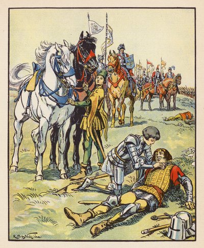 Jeanne ápol egy sebesült angolt a patayi csata után (színes litográfia) alkotó: Raymond de la Neziere