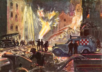 A háborús brit Nemzeti Tűzoltóság tűzoltói égő gázvezetékkel foglalkoztak a Blitz idején, a II alkotó: Reginald Mills