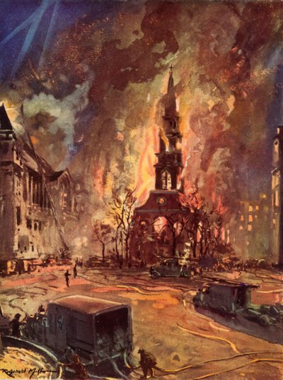 St Clement Danes templom, Strand, London, lángokban áll a Blitz alatt, a II alkotó: Reginald Mills