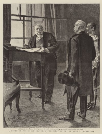 Egy gát a Lovas Gárdánál, bemutató a Cambridge-i hercegnek (metszet) alkotó: Reginald Thomas Cleaver