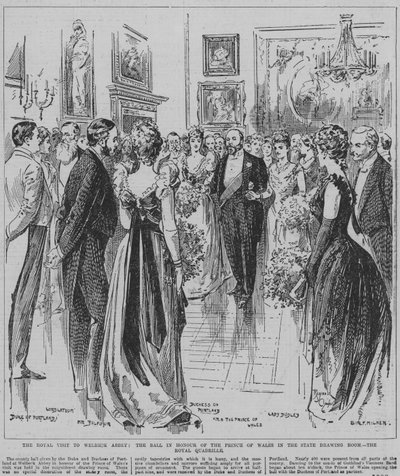 Királyi quadrille tánc a walesi herceg tiszteletére rendezett bálon a nottinghamshire-i Welbeck apátság állami szalonjában. alkotó: Reginald Thomas Cleaver