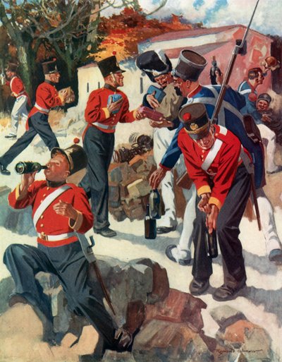 Entente Cordiale - angol és francia csapatok ajándékokat osztanak Wellington félszigeti hadjárata során (színes litográfia) alkotó: Reginald Thomas Cleaver