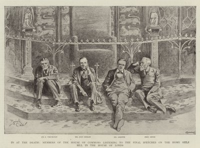 Az alsóház tagjai a halálban, amint a Lordok Házában hallgatják a Home Rule Billről szóló záróbeszédeket (metszet). alkotó: Reginald Thomas Cleaver