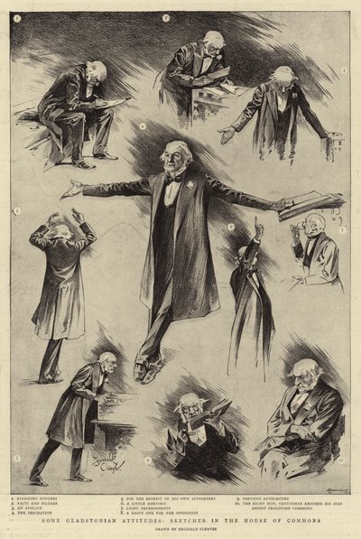 Néhány gladstoni attitűd, vázlatok az alsóházban (metszet) alkotó: Reginald Thomas Cleaver