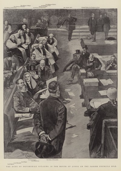 Devonshire hercege a Lordok Házában a plébániai tanácsokról szóló törvényjavaslatról (metszet) alkotó: Reginald Thomas Cleaver