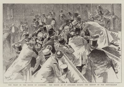 A harc az alsóházban, a Ház a zavargások csúcspontján (metszet) alkotó: Reginald Thomas Cleaver