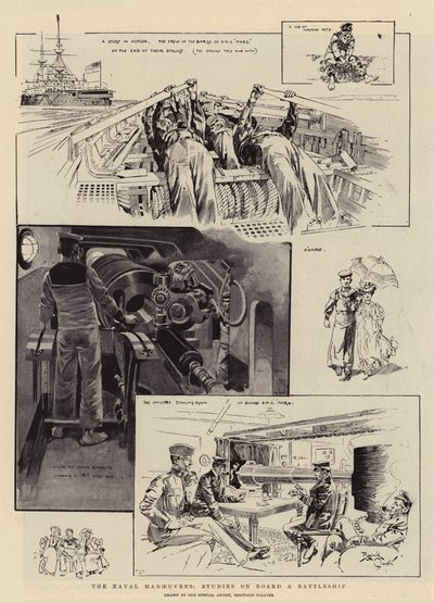 A haditengerészeti manőverek, tanulmányok egy csatahajó fedélzetén (litográfia) alkotó: Reginald Thomas Cleaver