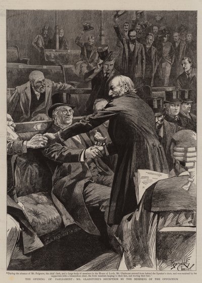 A parlament megnyitása, Gladstone úr fogadtatása az ellenzéki képviselők által (metszet) alkotó: Reginald Thomas Cleaver