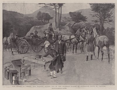 A királynő Cimiezben, Őfelsége az út szélén teázik egy délutáni út során Faliconba (litho) alkotó: Reginald Thomas Cleaver
