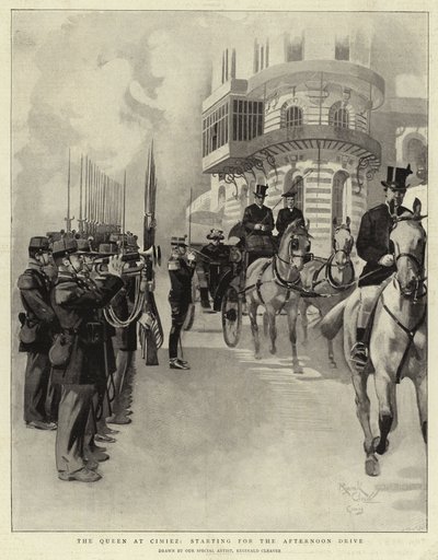 A királynő Cimiezben, a délutáni útra indulva (litho) alkotó: Reginald Thomas Cleaver