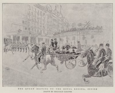 A királynő a Hotel Regina felé tartva, Cimiez (metszet) alkotó: Reginald Thomas Cleaver
