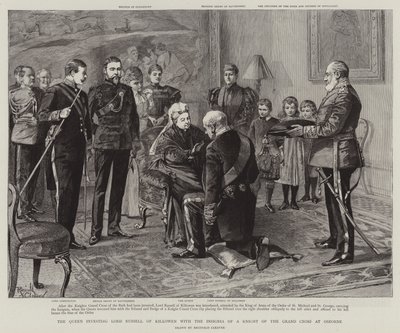 A királynő befektet Lord Russell of Killowen a Nagykereszt Lovagjának jelvényével Osborne-ban (metszet) alkotó: Reginald Thomas Cleaver