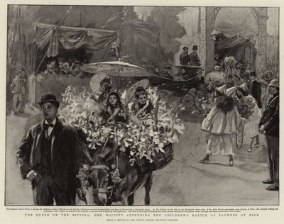 A királynő a Riviérán, Őfelsége részt vesz a nizzai gyermekvirágok csatáján (litho) alkotó: Reginald Thomas Cleaver