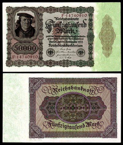 A Weimari Köztársaság papírjele, az első világháború utáni hiperinflációs korszak alkotó: Reichsbankdirektorium Berlin