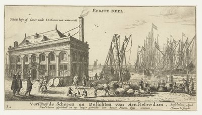 Amszterdam kikötője az őrházzal Várjon huÿs vagy camer vande EE Heeren vant water-recht (cím a tárgyon) Amszterdam különféle hajói és városképei, első rész (sorozat címe) Első rész. Amstelredam különféle hajói és arcai, alkotó: Reinier Nooms
