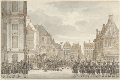 V. Vilmos herceg és Frederica Sophia Wilhelmina porosz megérkezése a városházára a Dam téren Amszterdamban, 1768. május 30. alkotó: Reinier Vinkeles (I)
