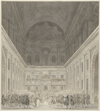 Bál az amszterdami városháza polgári termében V. Vilmos herceg és Vilhelmina poroszországi látogatása tiszteletére, 1768. június alkotó: Reinier Vinkeles (I)