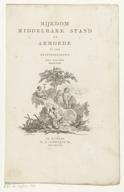 Három putti attribútumokkal egy hegyi tájon Címlap ehhez: Adriaan Pietersz. Loosjes: A középosztály gazdagsága és a szegénység három tükörben, 1816 alkotó: Reinier Vinkeles (I)