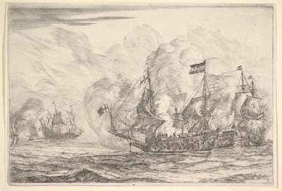 Tengerészeti találkozás három hajóval a jobb oldalon, a tengeri csatákból Nieuwe Scheeps Bat..., 1652-54. alkotó: Reinier Zeeman