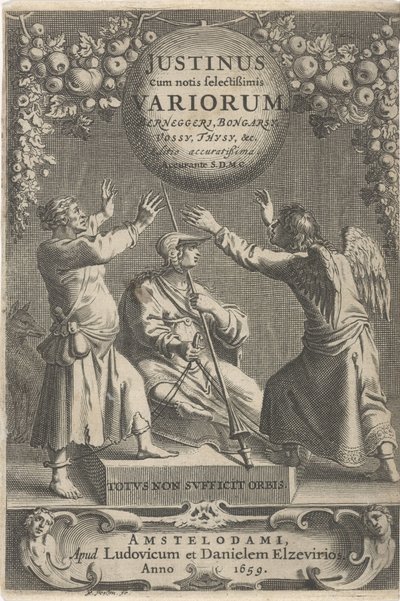 Minerva en twee geketende figuren Titelpagina voor: A. Thysius, Justinus cum notis selectissimis variorum Berneggerj, Bongarsy, Vossy, Thysy stb., 1659 alkotó: Reinier van Persijn