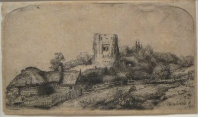 Tájkép egy négyzet alakú toronnyal alkotó: Rembrandt