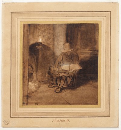 Belső kép, egy férfi ül a tűz mellett, lámpafénynél olvas (recto) alkotó: Rembrandt Harmensz. van Rijn (circle of)