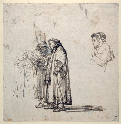 Idős tudósok csoportja és külön-külön egy fiatalabb férfi profilja (toll és barna tinta mosás és gouache papíron) alkotó: Rembrandt Harmensz. van Rijn